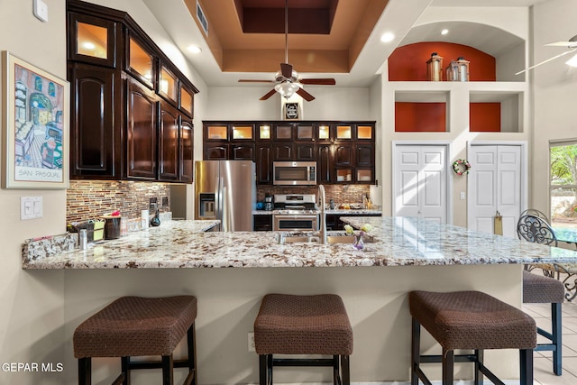 421 Wild Willow Dr, El Paso, TX 79922 - kitchen featuring stainless steel appliances, ceiling fan, a peninsula, tasteful backsplash, and a sink