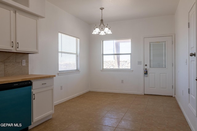 10793 Blue Sage Cir, El Paso, TX 79924 - kitchen featuring butcher block countertops, dishwasher, a chandelier, backsplash, and white cabinets