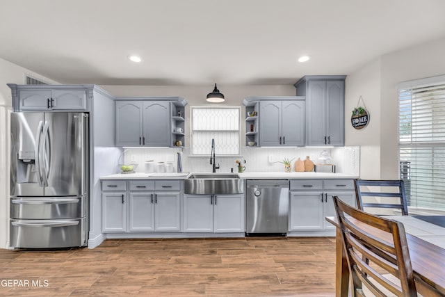 3208 Cascade Point Dr, El Paso, TX 79938 - kitchen with appliances with stainless steel finishes, a sink, open shelves, gray cabinets, and healthy amount of natural light