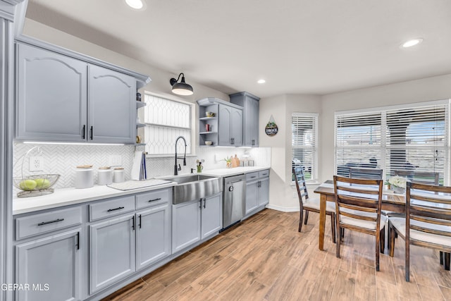 3208 Cascade Point Dr, El Paso, TX 79938 - kitchen with open shelves, stainless steel dishwasher, a sink, tasteful backsplash, and light wood-style floors