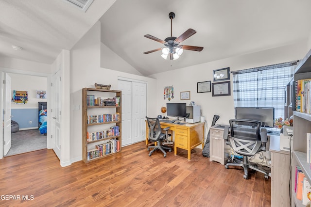 3208 Cascade Point Dr, El Paso, TX 79938 - office space featuring a ceiling fan, light wood finished floors, and lofted ceiling
