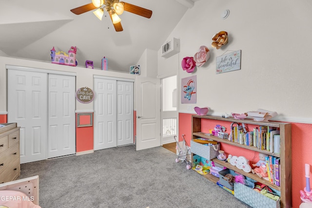 3208 Cascade Point Dr, El Paso, TX 79938 - playroom with lofted ceiling, ceiling fan, and carpet