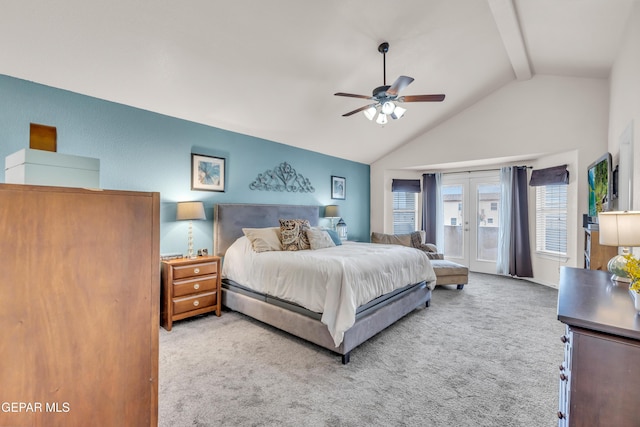 3208 Cascade Point Dr, El Paso, TX 79938 - bedroom with carpet, access to exterior, high vaulted ceiling, ceiling fan, and beam ceiling