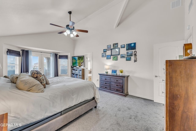 3208 Cascade Point Dr, El Paso, TX 79938 - carpeted bedroom featuring high vaulted ceiling, baseboards, a ceiling fan, and ensuite bath