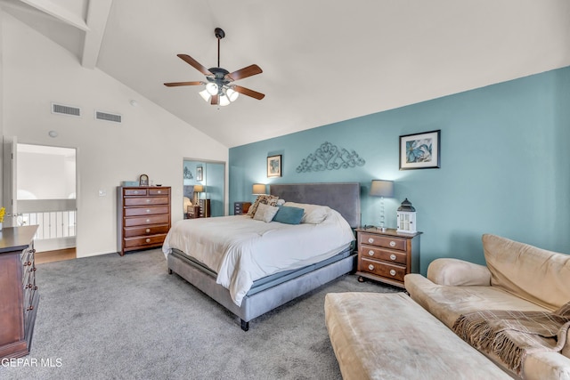 3208 Cascade Point Dr, El Paso, TX 79938 - carpeted bedroom with beamed ceiling, high vaulted ceiling, and ceiling fan