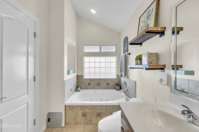 3208 Cascade Point Dr, El Paso, TX 79938 - full bath with a jetted tub, lofted ceiling, tile patterned floors, and vanity