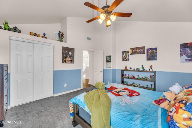 3208 Cascade Point Dr, El Paso, TX 79938 - carpeted bedroom with a closet, high vaulted ceiling, and a ceiling fan