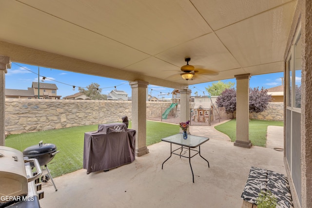 3208 Cascade Point Dr, El Paso, TX 79938 - view of patio / terrace featuring a playground, area for grilling, and a ceiling fan