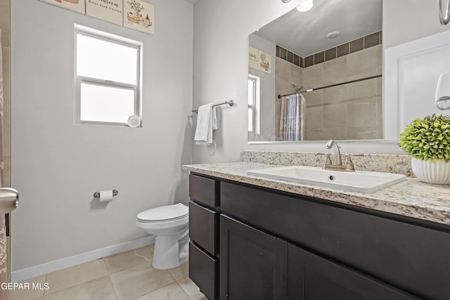 12405 Northumberg Dr, El Paso, TX 79928 - full bathroom featuring baseboards, toilet, tiled shower, vanity, and tile patterned flooring