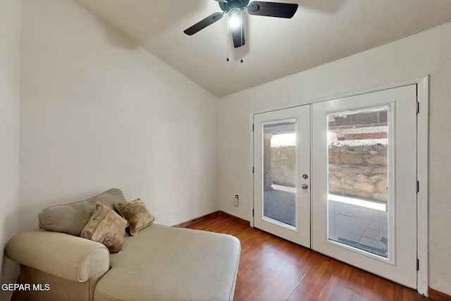 10912 Duke Snider Cir, El Paso, TX 79934 - living area with french doors, vaulted ceiling, wood finished floors, and a ceiling fan