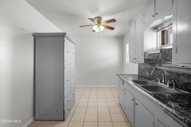 3817 La Luz Ave, El Paso, TX 79903 - kitchen featuring a sink, a ceiling fan, light tile patterned flooring, backsplash, and baseboards