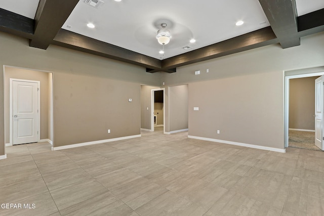 14172 Peyton Edwards Ave, El Paso, TX 79938 - empty room with beam ceiling, ceiling fan, coffered ceiling, baseboards, and recessed lighting