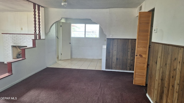 223 Kelvin Ave, El Paso, TX 79915 - additional living space featuring wood walls, arched walkways, a fireplace, carpet, and wainscoting