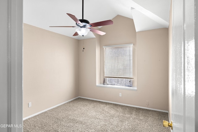 10740 White Sands Dr, El Paso, TX 79924 - empty room with a ceiling fan, lofted ceiling, carpet flooring, and baseboards