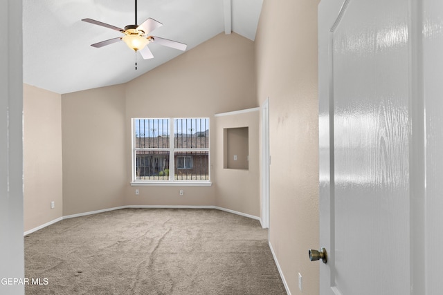 10740 White Sands Dr, El Paso, TX 79924 - carpeted empty room with a ceiling fan, high vaulted ceiling, beamed ceiling, and baseboards
