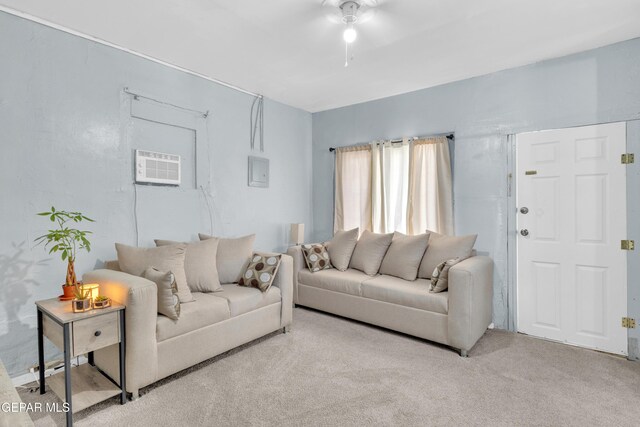 720 Johnson St, Fabens, TX 79838 - carpeted living room with a ceiling fan and a wall mounted air conditioner
