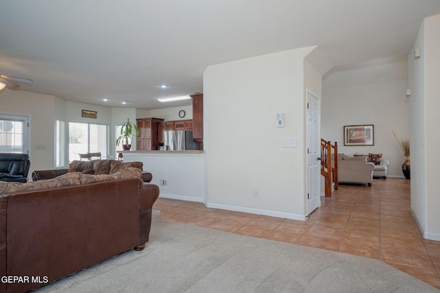 7350 Rosas Way, Canutillo, TX 79835 - living room featuring light tile patterned flooring, a ceiling fan, recessed lighting, and baseboards