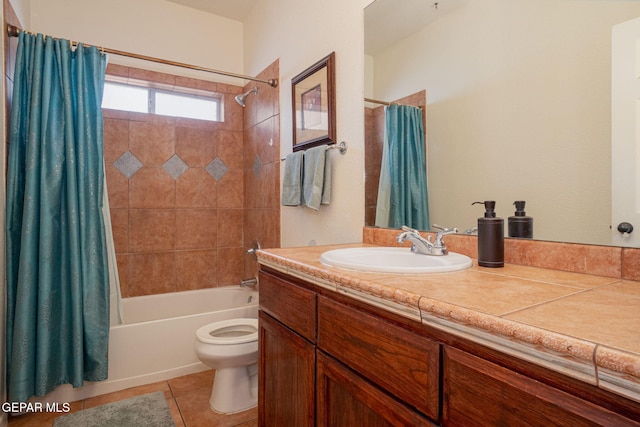 7350 Rosas Way, Canutillo, TX 79835 - full bathroom with toilet, shower / bath combo with shower curtain, tile patterned floors, and vanity