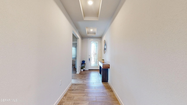 569 Logwood Ave, Canutillo, TX 79835 - hall featuring light wood-style floors, recessed lighting, baseboards, and attic access