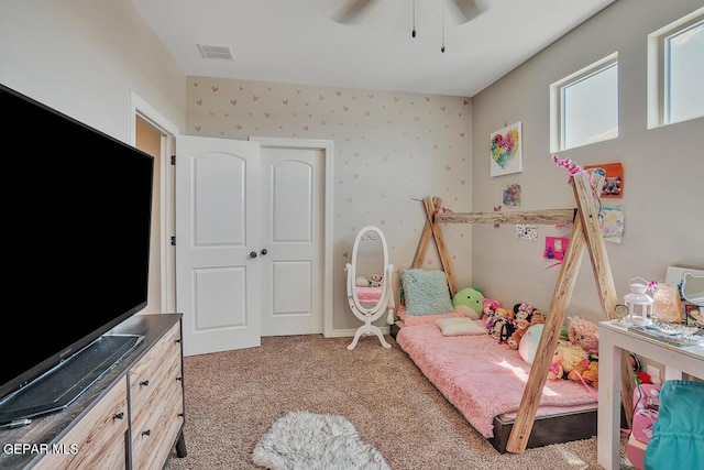 14809 Tierra Escape Ave, El Paso, TX 79938 - carpeted bedroom featuring a ceiling fan and wallpapered walls