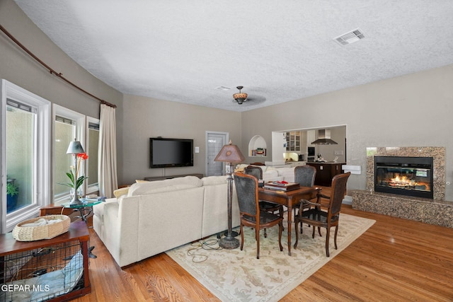 12081 E Paseo De Amor Ln E, El Paso, TX 79936 - living room featuring light wood-type flooring, a textured ceiling, and a high end fireplace