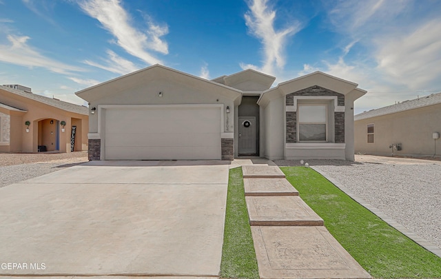13804 Flora Vista Ave, Horizon City, TX 79928 - ranch-style home featuring an attached garage, stone siding, stucco siding, and concrete driveway