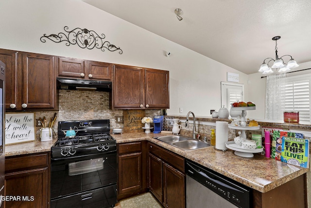14239 Trigger Rock Ln, El Paso, TX 79938 - kitchen featuring black range with gas cooktop, dishwasher, vaulted ceiling, range hood, and a sink