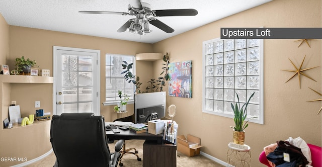 7107 Desert Jewel Dr, El Paso, TX 79912 - carpeted home office featuring a ceiling fan and baseboards