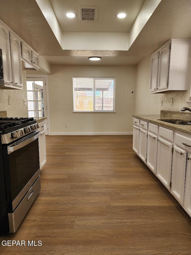 301 Bandolina Dr, Socorro, TX 79927 - kitchen with stainless steel range with gas stovetop, a sink, a raised ceiling, baseboards, and recessed lighting