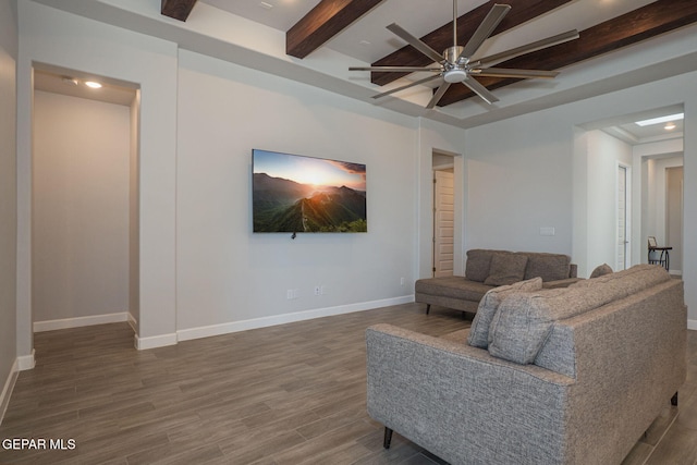 7389 Cimarron Gap Dr, El Paso, TX 79911 - living area with beamed ceiling, wood finished floors, ceiling fan, baseboards, and recessed lighting
