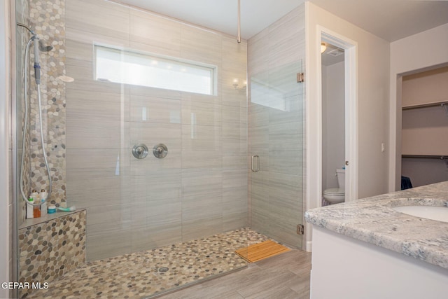 7389 Cimarron Gap Dr, El Paso, TX 79911 - full bathroom featuring a shower stall, vanity, toilet, and wood finished floors