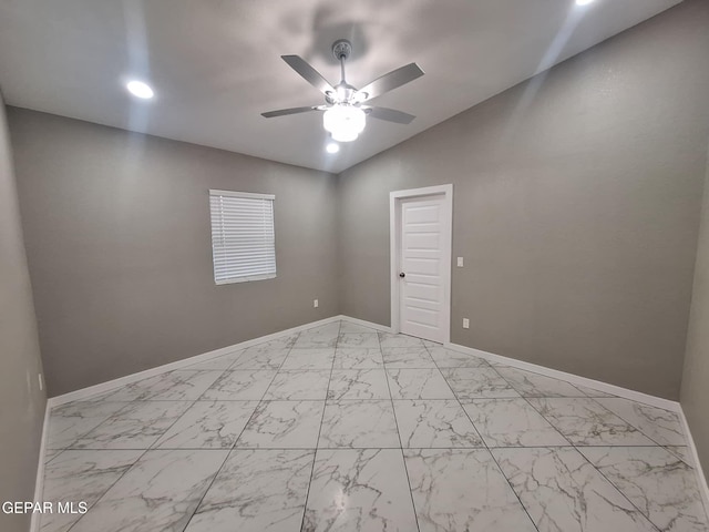 11574 La Poblana Dr, Socorro, TX 79927 - unfurnished room with a ceiling fan, light marble finish flooring, baseboards, lofted ceiling, and recessed lighting