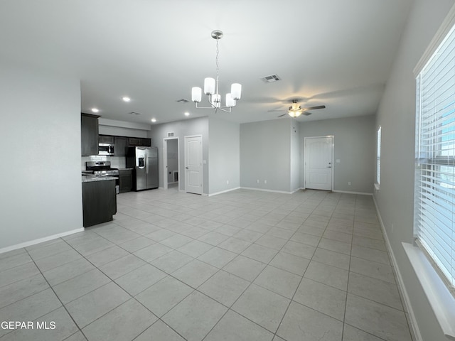 11500 Summer Dr Unit A & B, Socorro, TX 79927 - unfurnished living room featuring a ceiling fan, light tile patterned floors, a chandelier, healthy amount of natural light, and recessed lighting