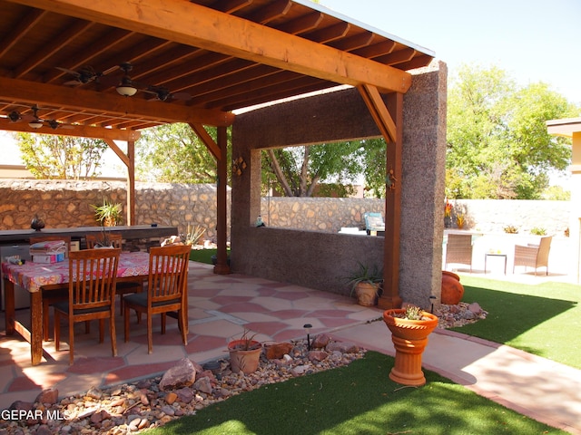 7012 Diamond Ridge Dr, El Paso, TX 79912 - fenced backyard featuring a ceiling fan, a patio area, and outdoor dining area