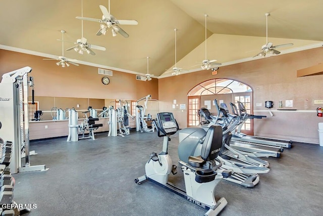 11609 Saint Thomas Way, El Paso, TX 79936 - workout area featuring high vaulted ceiling, ceiling fan, and crown molding