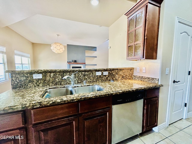 11609 Saint Thomas Way, El Paso, TX 79936 - kitchen featuring stainless steel dishwasher, a sink, stone countertops, light tile patterned flooring, and glass insert cabinets