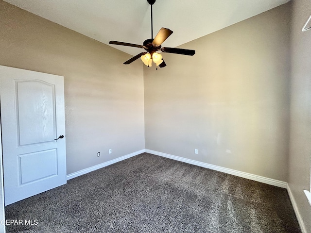 11609 Saint Thomas Way, El Paso, TX 79936 - empty room featuring dark carpet, baseboards, a ceiling fan, and vaulted ceiling