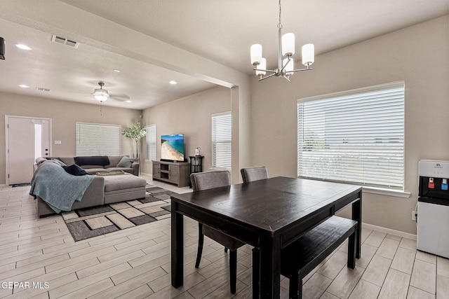 4817 Mark Avizo, El Paso, TX 79938 - dining area featuring a chandelier, wood finish floors, ceiling fan, baseboards, and recessed lighting