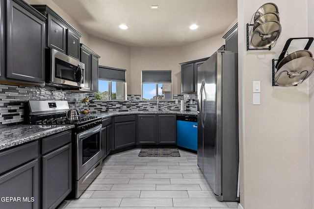 4817 Mark Avizo, El Paso, TX 79938 - kitchen with appliances with stainless steel finishes, tasteful backsplash, a sink, dark stone countertops, and recessed lighting