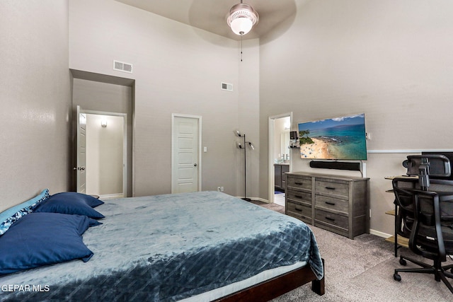 4817 Mark Avizo, El Paso, TX 79938 - bedroom featuring carpet flooring, a high ceiling, an office area, baseboards, and ceiling fan