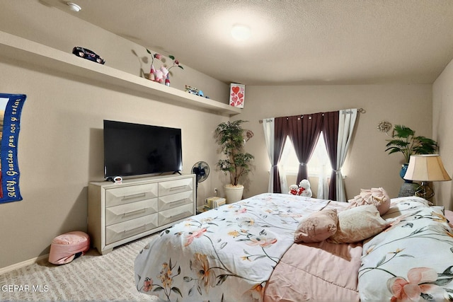 12009 Copper Point Pl, El Paso, TX 79934 - bedroom featuring carpet, vaulted ceiling, a textured ceiling, and baseboards