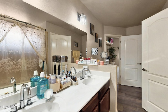 12009 Copper Point Pl, El Paso, TX 79934 - full bath featuring wood finished floors, double vanity, and curtained shower