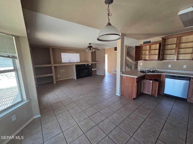 PPP10049 Paloma Dr, El Paso, TX 79924 - kitchen with dishwasher, open shelves, tile patterned floors, a sink, and ceiling fan