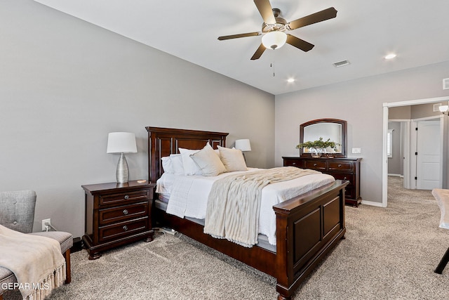 12517 Winners Cir, El Paso, TX 79928 - bedroom with light colored carpet, baseboards, ceiling fan, and recessed lighting