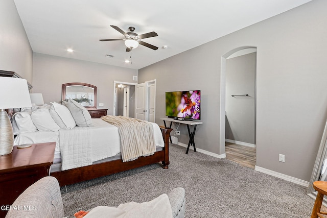 12517 Winners Cir, El Paso, TX 79928 - bedroom featuring carpet, baseboards, arched walkways, a ceiling fan, and recessed lighting