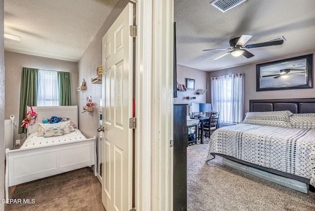 3844 Loma Cortez Dr, El Paso, TX 79938 - bedroom featuring a textured ceiling, dark carpet, multiple windows, a textured wall, and a ceiling fan