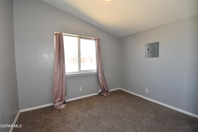 10824 Obsidian St, El Paso, TX 79924 - carpeted spare room featuring electric panel, vaulted ceiling, and baseboards