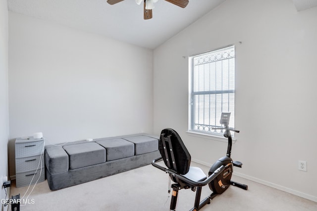 7930 Howard St, El Paso, TX 79904 - workout room with carpet, a ceiling fan, lofted ceiling, plenty of natural light, and baseboards