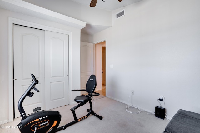 7930 Howard St, El Paso, TX 79904 - workout area with light colored carpet, a ceiling fan, and baseboards