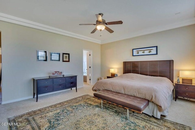 6365 Franklin Trail Dr, El Paso, TX 79912 - bedroom with light carpet, ornamental molding, and ceiling fan